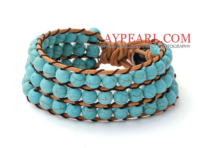 Pretty Hand-Knotted Multilayer 6mm Round Blue Turquoise Brown Leather Wrap Bracelet