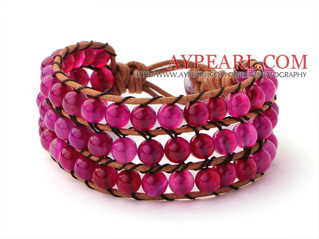 Pretty handknuten Multilayer 6mm Runda Rose Agate Brown Leather Wrap Bracelet