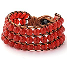 Pretty Hand-Knotted Multilayer 6mm Round A Grade Red Agate Brown Leather Wrap Bracelet