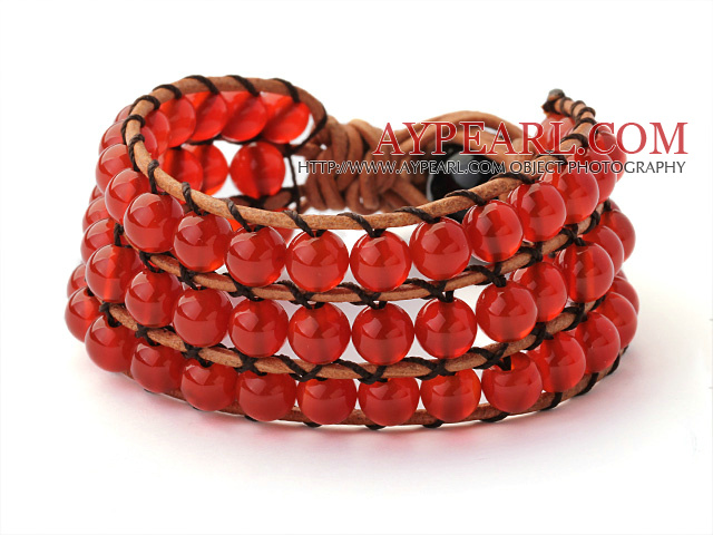 Pretty Hand-Knotted Multilayer 6mm Round A Grade Red Agate Brown Leather Wrap Bracelet