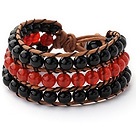 Wholesale Pretty Hand-Knotted Multilayer 6mm Round A Grade Red And Black Agate Brown Leather Wrap Bracelet