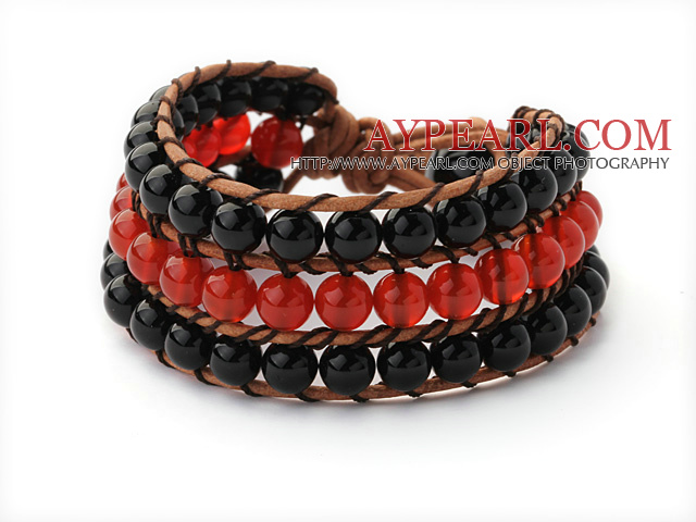 Pretty Hand-Knotted Multilayer 6mm Round A Grade Red And Black Agate Brown Leather Wrap Bracelet