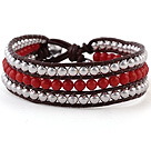 Fashion 4mm Hand-Knotted Multilayer Round Red Coral And Silver Beads Reddish Brown Leather Wrap Bracelet