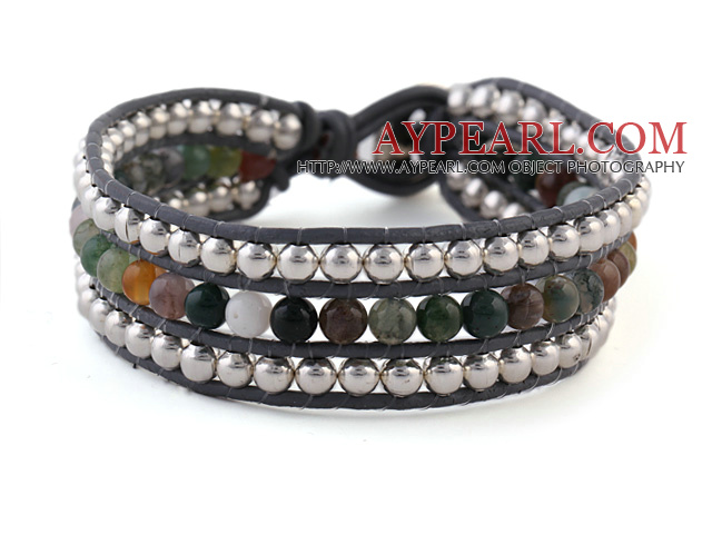 Fashion 4mm Hand-Knotted Multilayer Round Colorful Indian Agate And Silver Beads Leather Wrap Bracelet