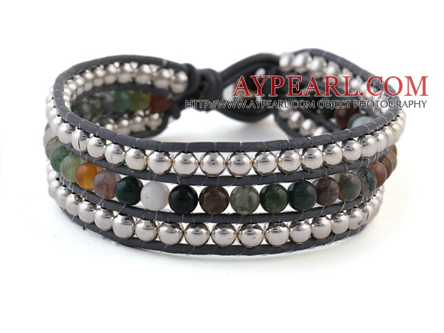 4mm de moda de mână - înnodate multistrat Round colorat indian Agate și argint margele din piele Wrap brățară