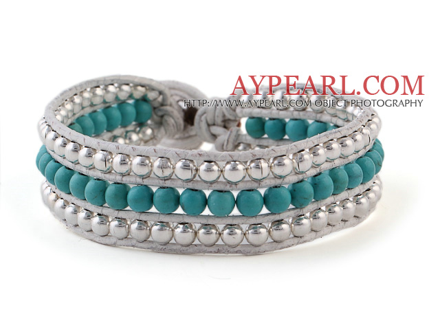 Fashion 4mm Hand-Knotted Multilayer Round Blue Turquoise And Silver Beads Leather Wrap Bracelet