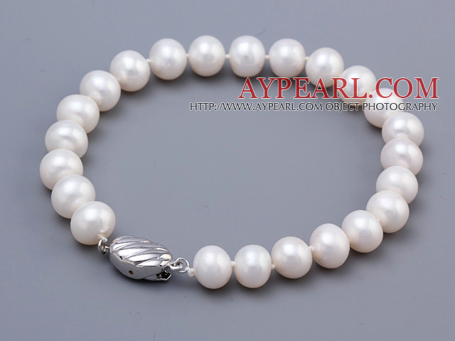 Mote 8 - 9mm Natural White Ferskvann Pearl Beaded armbånd med Special Clasp