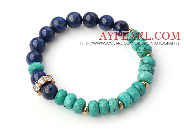 Elegant Faceted Xinjiang Green Turquoise And Round Lapis Beads Stretch Bangle Bracelet