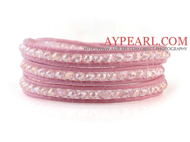 Fashion 4mm Multilayer Manmade White Colorful Crystal Pink Leather Wrap Bracelet