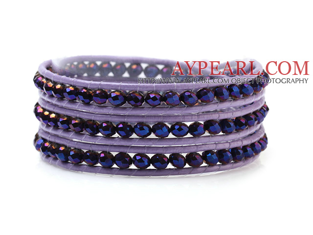 Mote 4mm multiMenneskeSkaptFargerik Blue Crystal Purple Leather Wrap Bracelet