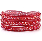 Fashion 4mm Multilayer Manmade Red Crystal And Red Leather Wrap Bracelet