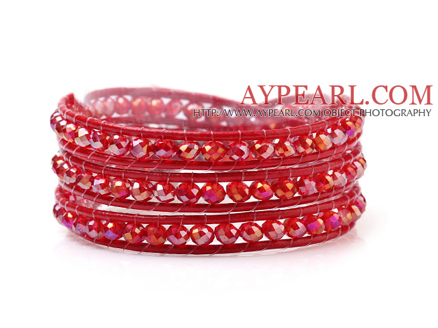 Mode 4mm Multilayer Konstgjort Red Crystal och rött läder Wrap Bracelet
