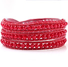 Mode 4mm Multilayer Konstgjort Rose Crystal och Rose Leather Wrap Bracelet