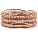 Fashion 4mm Monikerroksinen Ihmisen Champagne Crystal ja Brown Leather Wrap rannerengas