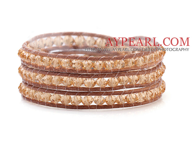 Fashion 4mm Multilayer Manmade Champagne Crystal And Brown Leather Wrap Bracelet