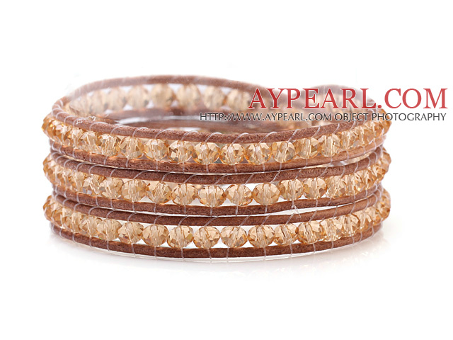 Mote 4mm multiMenneskeSkaptChampagne Crystal And Brown Leather Wrap Bracelet