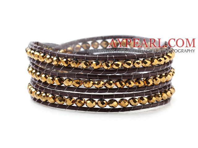 Mode 4mm Multilayer Konstgjort Golden Crystal och mörkbrunt läder Wrap Bracelet