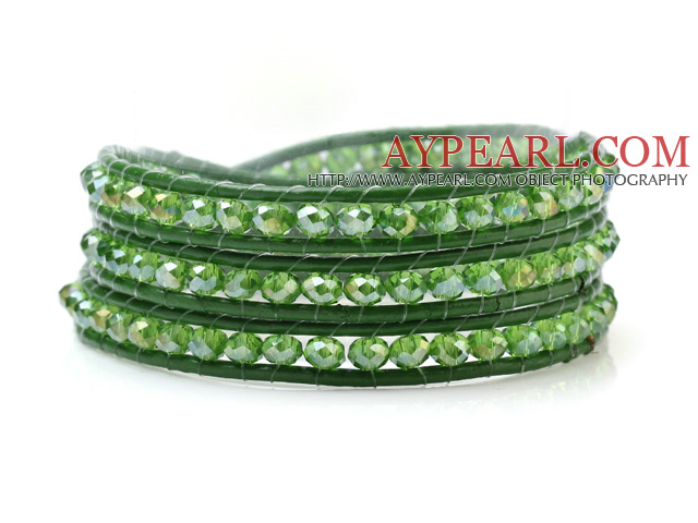 Fashion Green Series Multilayer 4mm Manmade Crystal And Hand-Knotted Leather Wrap Bracelet