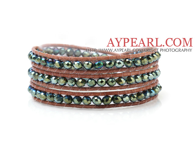Fashion Multilayer 4mm Lake Blue Manmade Crystal And Hand-Knotted Brown Leather Wrap Bracelet