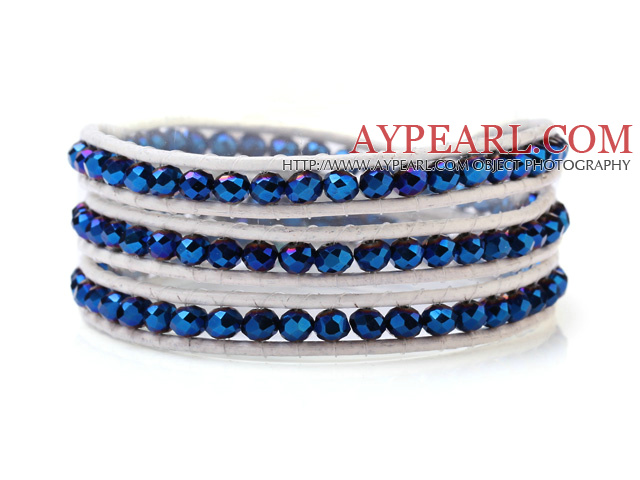 Beliebte Multilayer 4mm Blau Künstliche Kristall und handgeknüpften weißen Leder- Wickelarmband