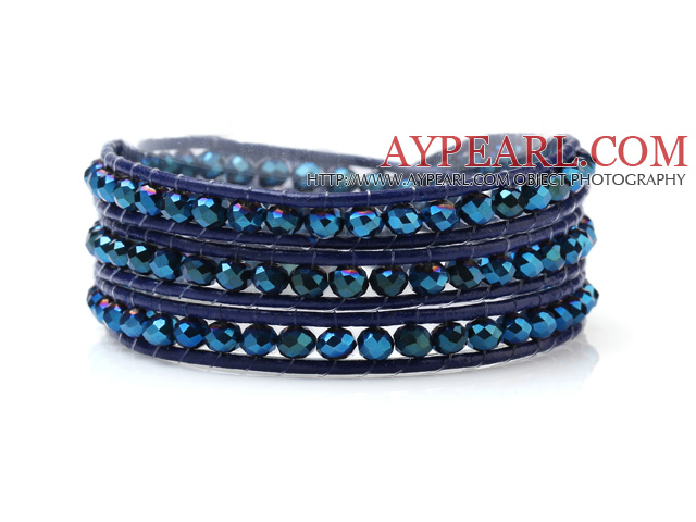 Populära Multilayer 4mm Blue Series Konstgjort Crystal och handknuten Leather Wrap Bracelet