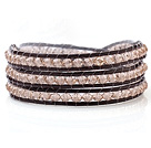 Popular Multilayer 4mm Manmade Clear Gray Crystal And Hand-Knotted Brown Leather Wrap Bracelet