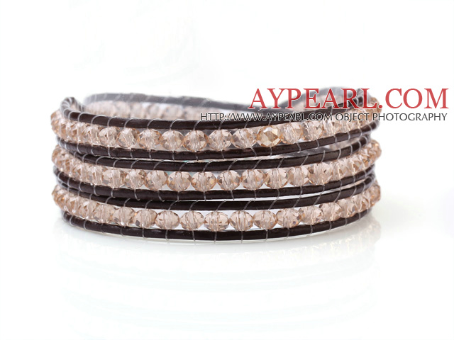 Populære Multilayer 4mm Menneskeskapt Clear Gray Crystal And håndknyttet Brown Leather Wrap Bracelet