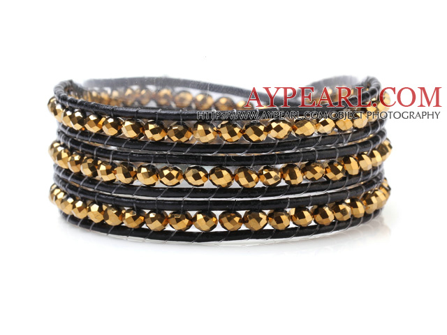 Populära Multilayer 4mm Konstgjort Golden Crystals and handknuten Leather Wrap Bracelet