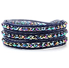 Populære Multilayer 4mm Menneskeskapt fargerike krystall og håndknyttetblå Leather Wrap Bracelet