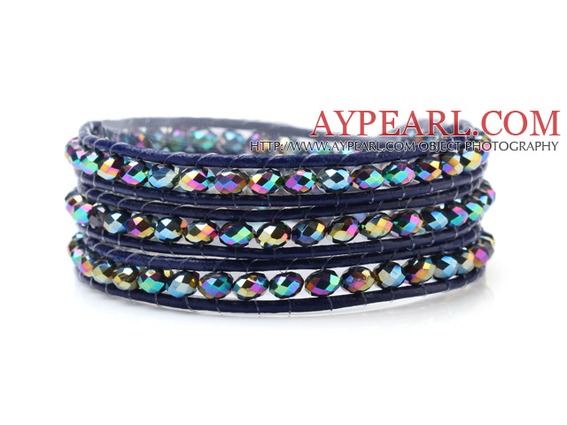 Populære Multilayer 4mm Menneskeskapt fargerike krystall og håndknyttetblå Leather Wrap Bracelet