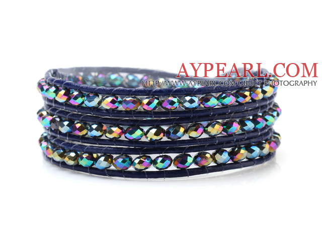 Popular Multilayer 4mm Manmade Colorful Crystal And Hand-Knotted Blue Leather Wrap Bracelet