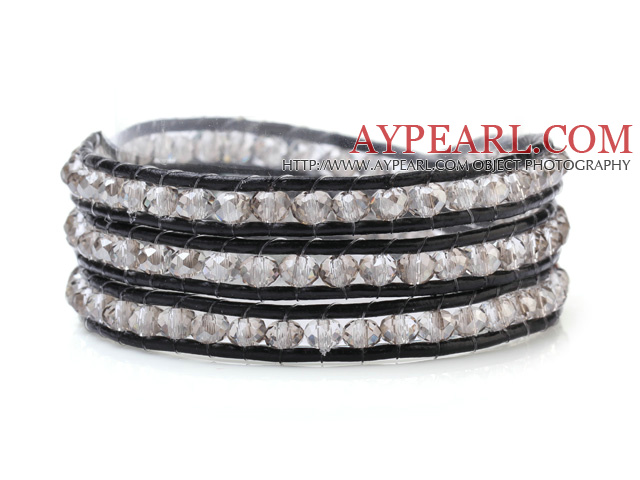 Fashion Multilayer 4mm White Manmade Crystal And Hand-Knotted Black Leather Wrap Bracelet