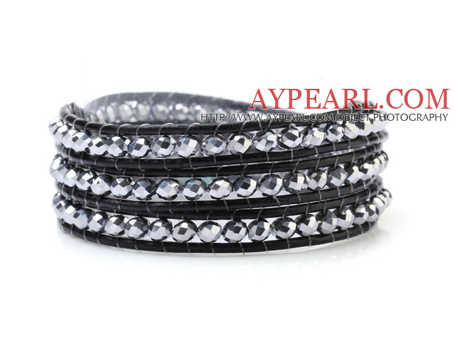 Fashion πολυστρωματικές 4 χιλιοστών ασημί χρώμα Ανθρωπογενείς κρύσταλλο και το χέρι - κόμπους μαύρο δέρμα Wrap Bracelet