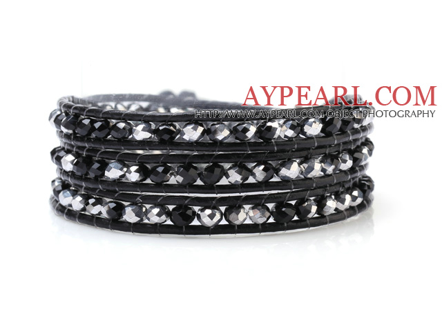 Fashion Multilayer 4mm Silver Black Manmade Crystal And Hand-Knotted Black Leather Wrap Bracelet