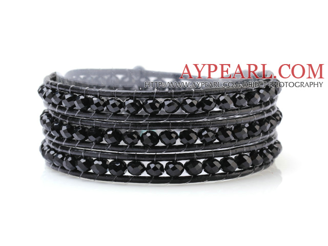 Fashion Multilayer 4mm Black Series Manmade Crystal And Hand-Knotted Leather Wrap Bracelet