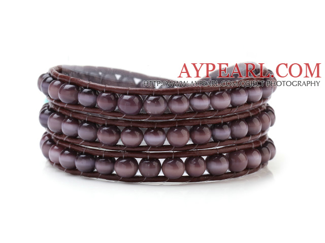Nice Multilayer Cats Eye Stone And Hand-Knotted Brown Leather Wrap Bracelet