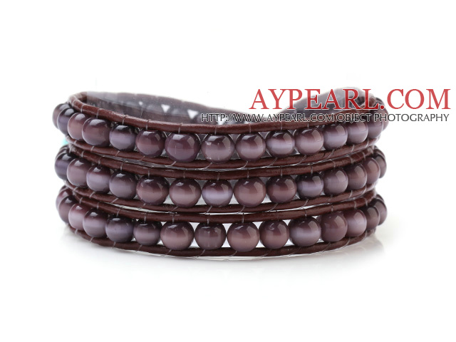 Nice Multilayer Cats Eye Stone og håndknyttet Brown Leather wrap armbånd