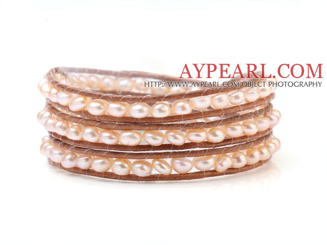 Nice Multilayer Natural 5-6mm Pink Freshwater Pearl And Hand-Knotted Brown Leather Wrap Bracelet