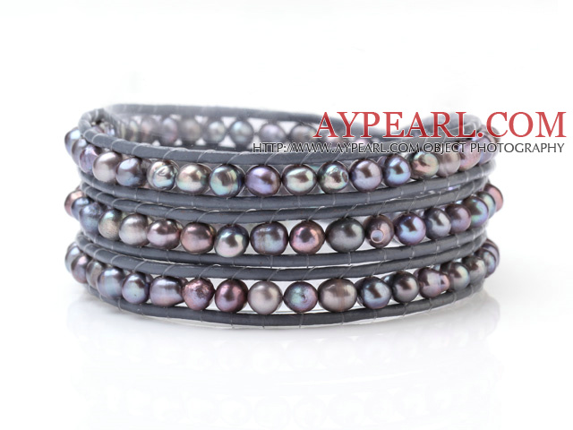 Populære Multilayer Multi Color Natural 5 - 6mm Ferskvann Pearl og håndknyttet Gray Leather Wrap Bracelet