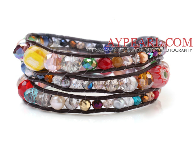 Popular Multilayer Multi Stone And Manmade Crystal Hand-Knotted Brown Leather Wrap Bracelet