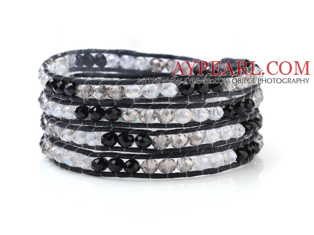 Multilayer Multi Color Manmade Crystal Hand-Knotted Black Wax Cord Wrap Bracelet