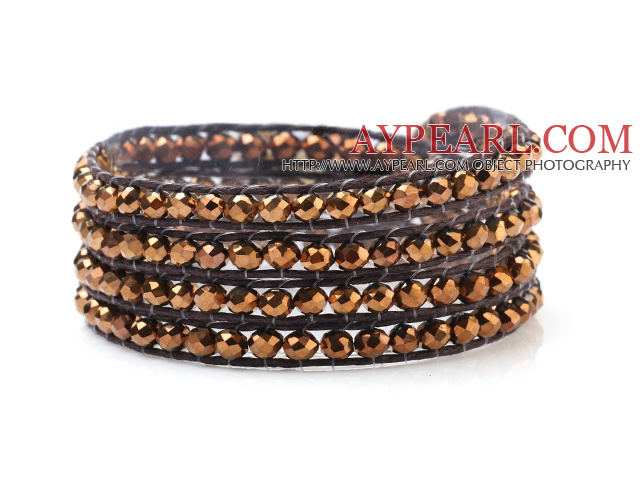 Nice Multilayer 4mm Gold Manmade Crystal And Hand-Knotted Brown Wax Cord Wrap Bracelet