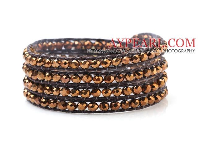 Trevlig Multilayer 4mm Gold Konstgjort Crystal och handknuten Brown Wax Cord Wrap Bracelet