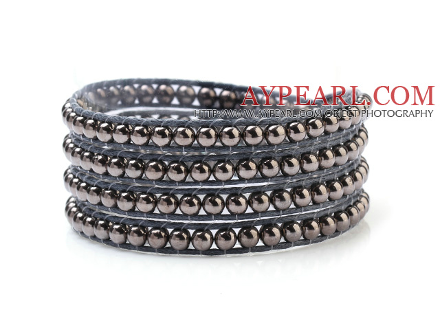 Nice Multilayer 4mm Blackish Gray Alloy Beads And Hand-Knotted Wax Cord Wrap Bracelet