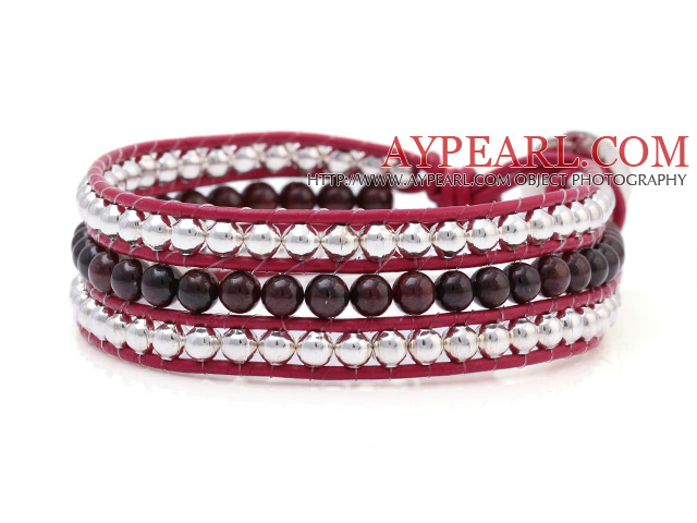 Fashion Multilayer 4mm Round Garnet And Silver Beads Hand-Knotted Red Leather Wrap Bracelet