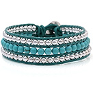 Fashion Multilayer 4mm Round Blue Turquoise And Silver Beads Hand-Knotted Green Leather Wrap Bracelet