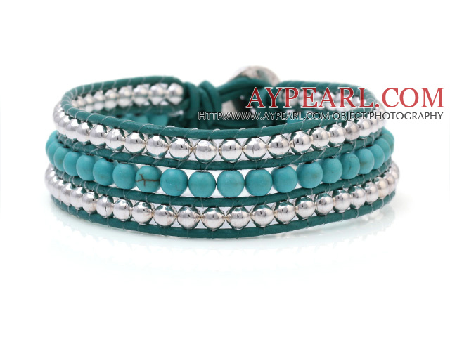 Fashion Multilayer 4mm Round Blue Turquoise And Silver Beads Hand-Knotted Green Leather Wrap Bracelet