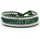 Fashion Multilayer 4mm Round Malachite And Silver Beads Hand-Knotted Green Leather Wrap Bracelet