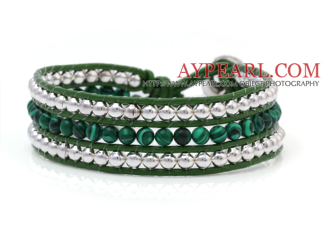 Fashion Multilayer 4mm Round Malachite Og Sølv Perler håndknyttet Grønn Leather Wrap Bracelet