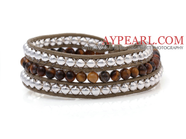 Fashion Multilayer 4mm Round Tiger Eye And Silver Beads Hand-Knotted Brown Leather Wrap Bracelet